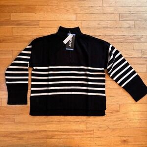 DKNY Black and White Striped Cowl Neck Sweater
